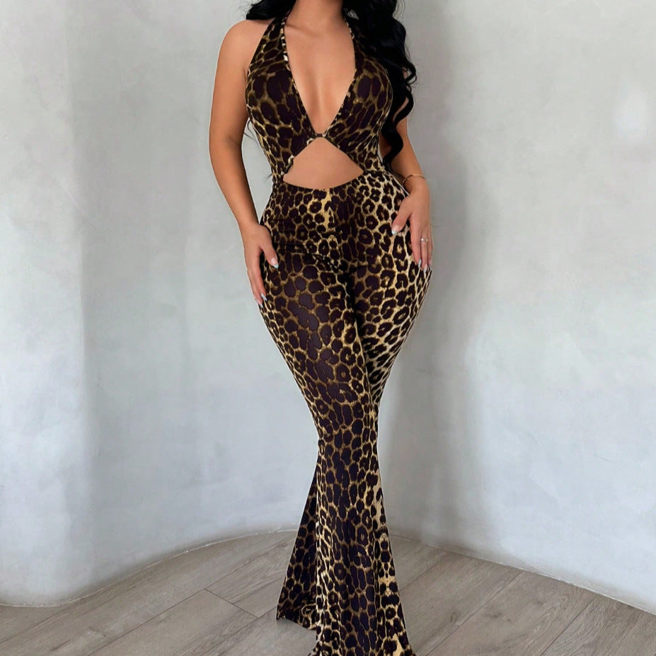 Leopard-print Flared Pants High-waisted Jumpsuit