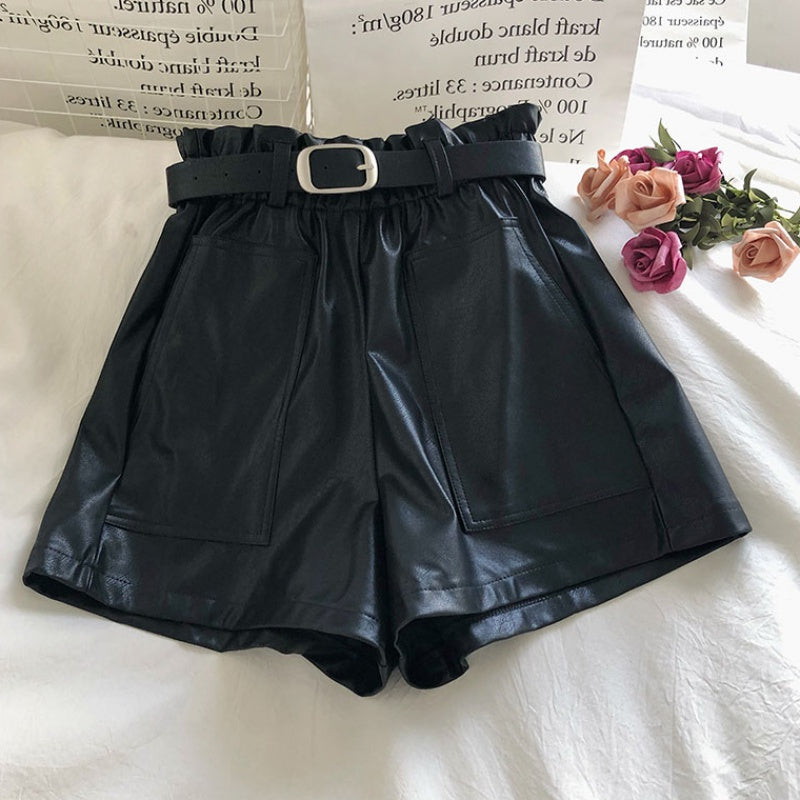 Double Pocket Solid Color A-Line PU Leather Pants With Belt