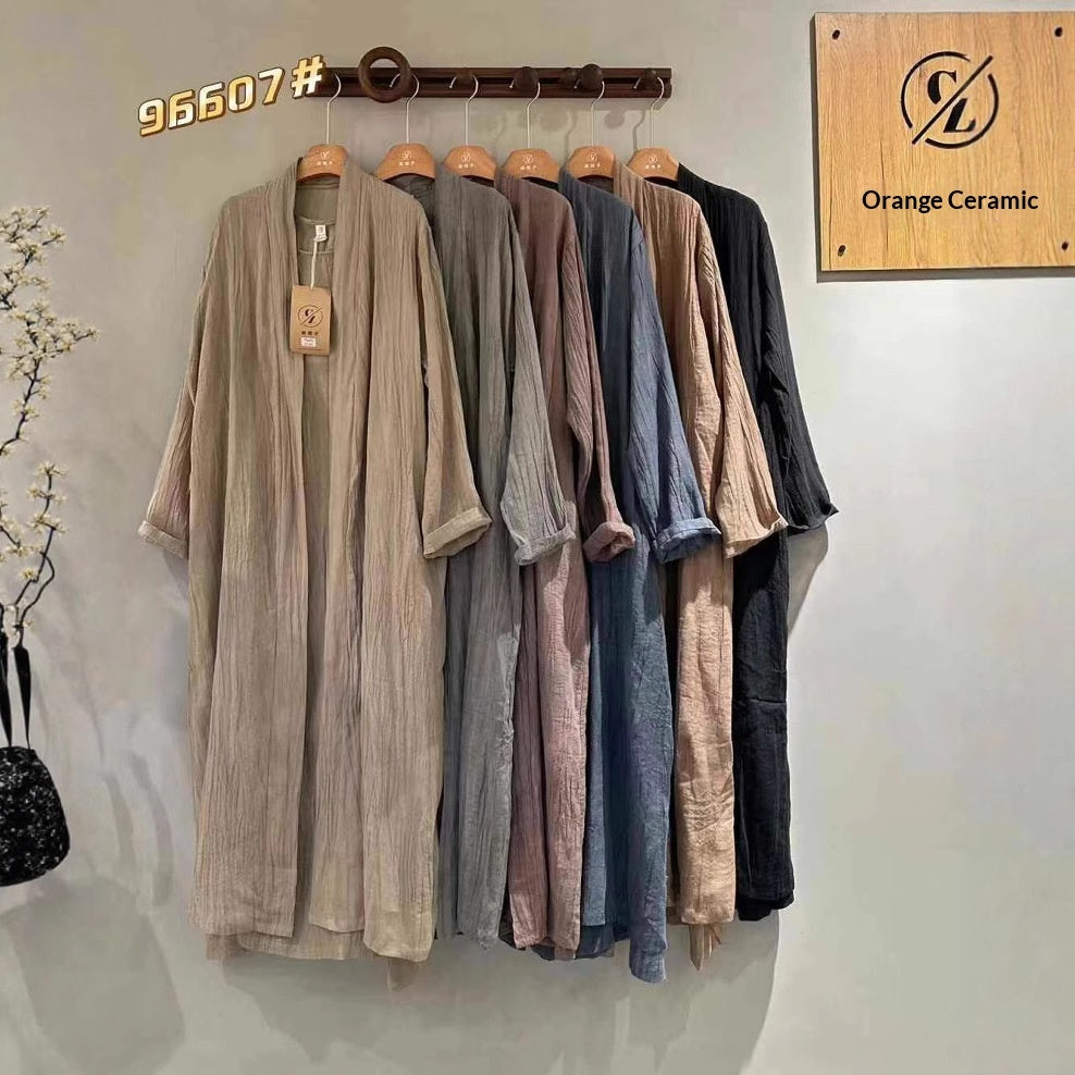 Solid-color Pleated Linen Vest Dress Long Coat Two-piece Set