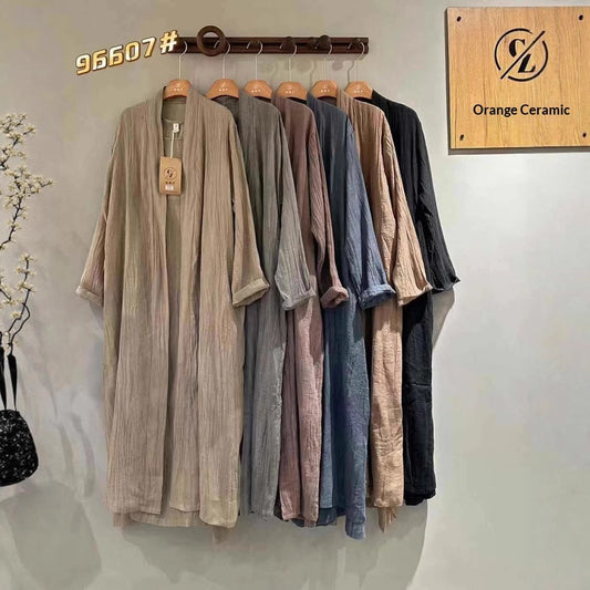 Solid-color Pleated Linen Vest Dress Long Coat Two-piece Set