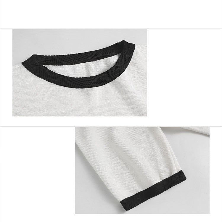 Women's White Small Flower Front Shoulder Knitted Short Sleeve T-shirt