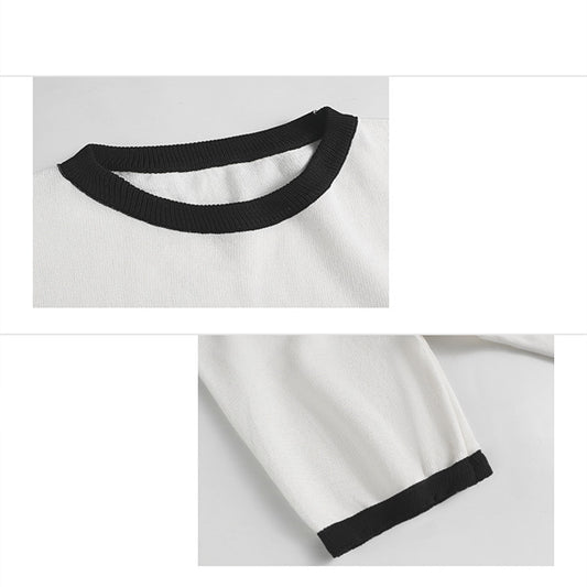 Women's White Small Flower Front Shoulder Knitted Short Sleeve T-shirt
