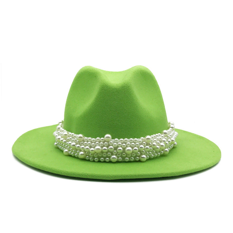 Handmade Pearl Top Hat Big Brim Fur Felt Hat