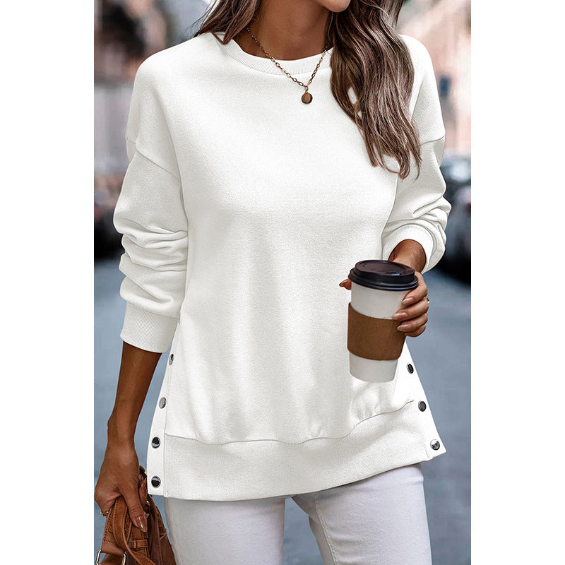 Solid Color Pullover Women's European And American Leisure Style Slit Loose Flab Hiding Long Sleeve Bathroom
