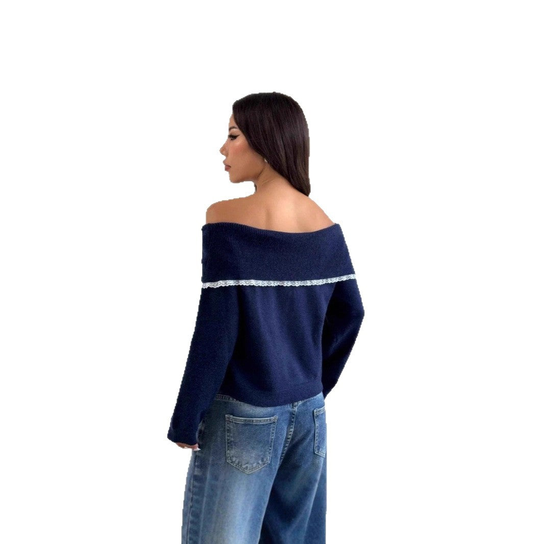 Dame off-shoulder afslappet sød kontrastfarvet sweater med kvaster og lange ærmer
