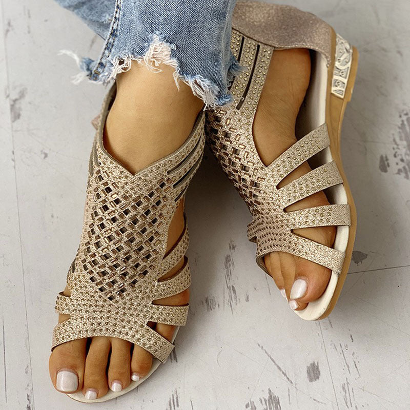 Sequined cloth open-toe zipper patent leather