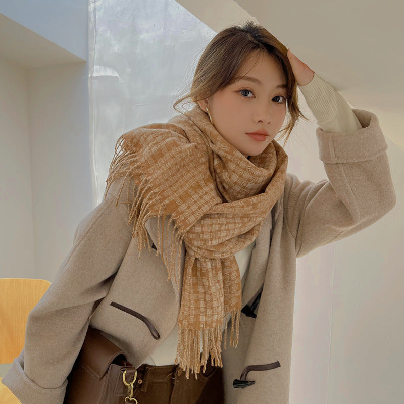 Warm Color Matching Plaid Fringe Long Shawl Scarf
