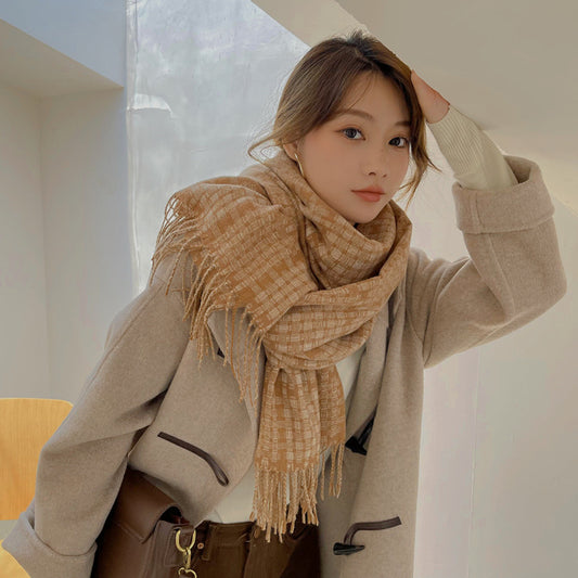 Warm Color Matching Plaid Fringe Long Shawl Scarf