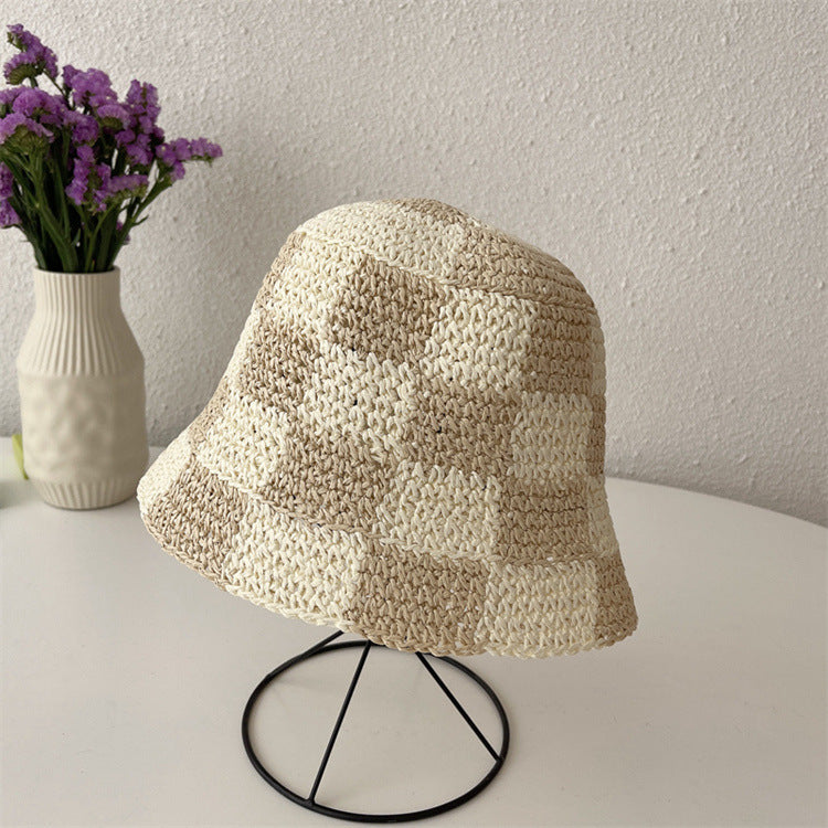 Checkerboard Plaid Coarse Wool Knitted Fisherman Hat Handmade For Women