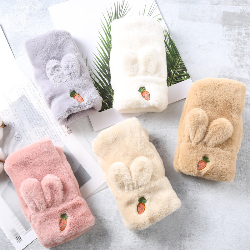 Gloves autumn and winter female cute Japanese fingerless half finger plush