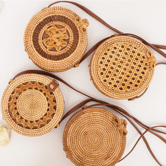Natural PU small round straw bag