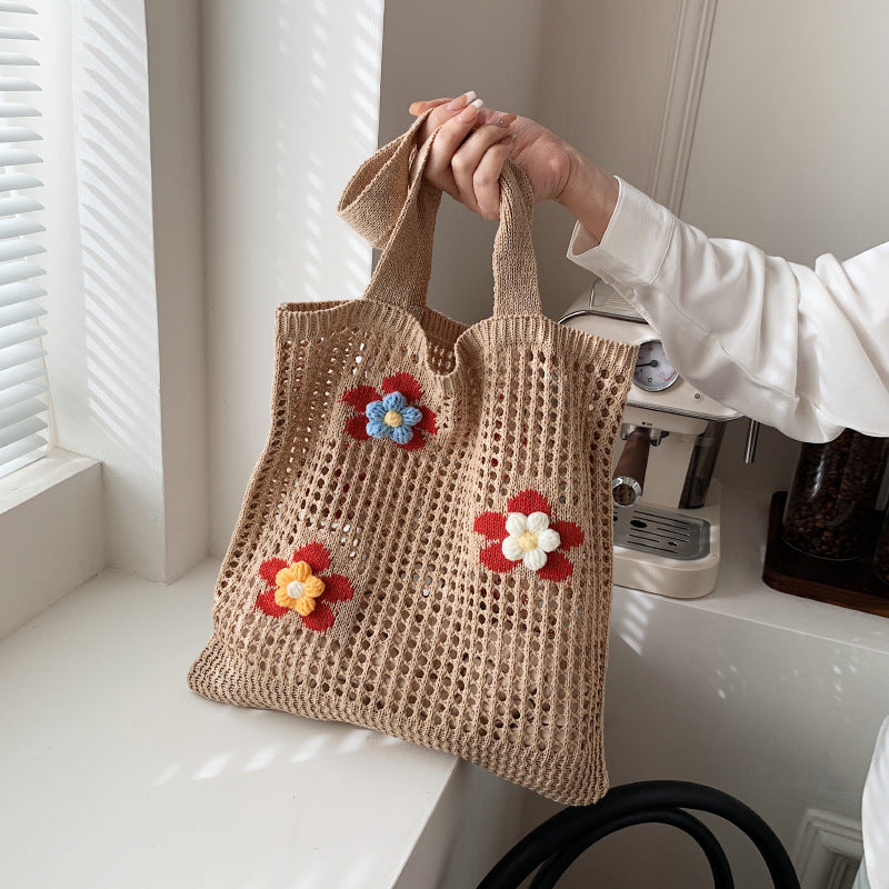 Hollow Knitted Bag Westernized Flower One Shoulder Handbag