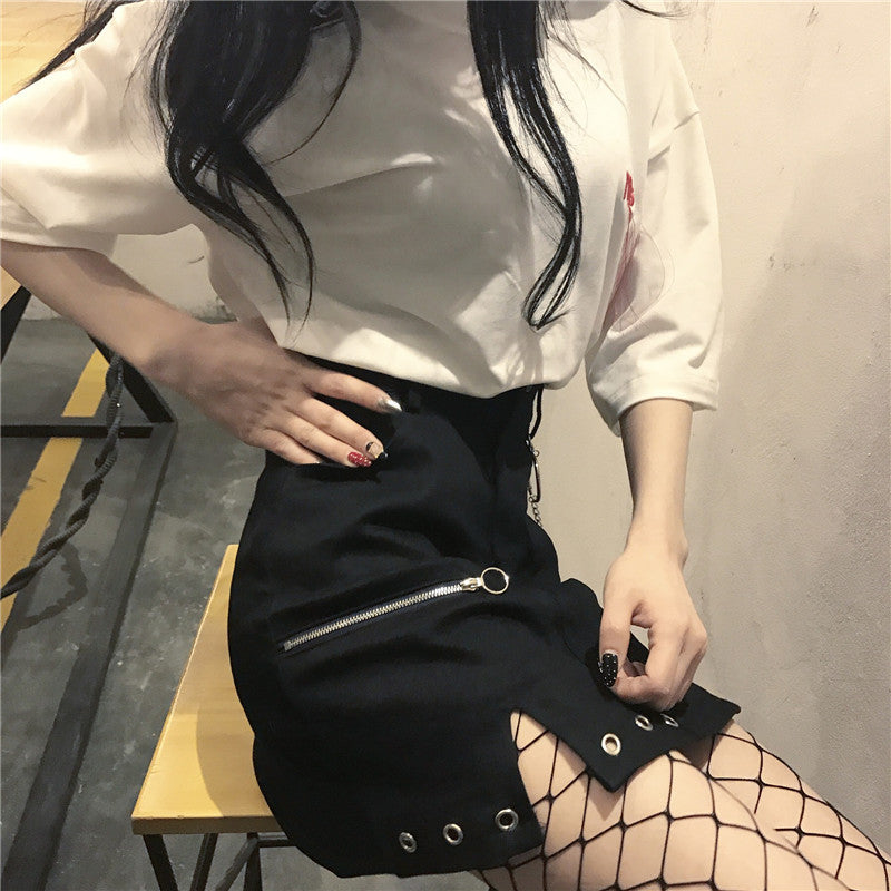 Vintage ring chain high waist wild black denim skirt