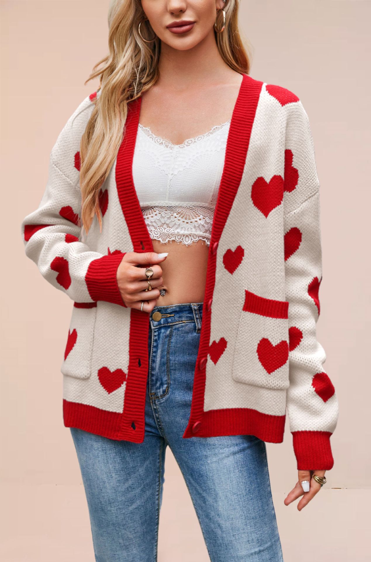 Heart Peach Knitted Cardigan Pocket V-neck Common Style Coat