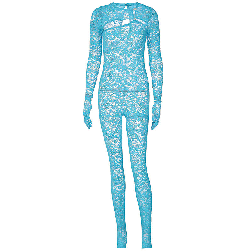 Women's New Fashion Cut-out Slim Round Neck Long-sleeved Jumpsuit