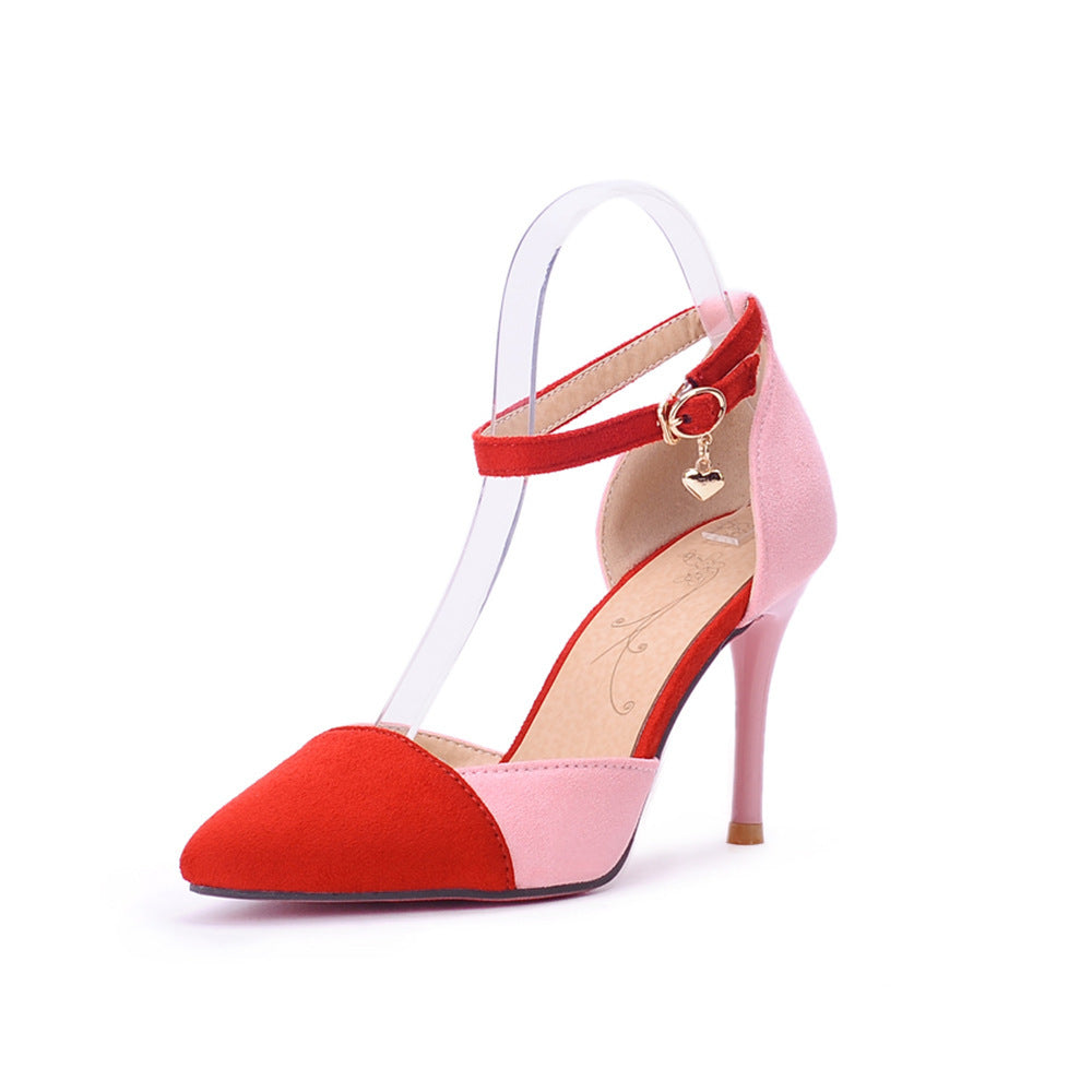 Pointed Suede Color Matching European And American Style Buckle Strap Stiletto Sexy Ladies Sandals