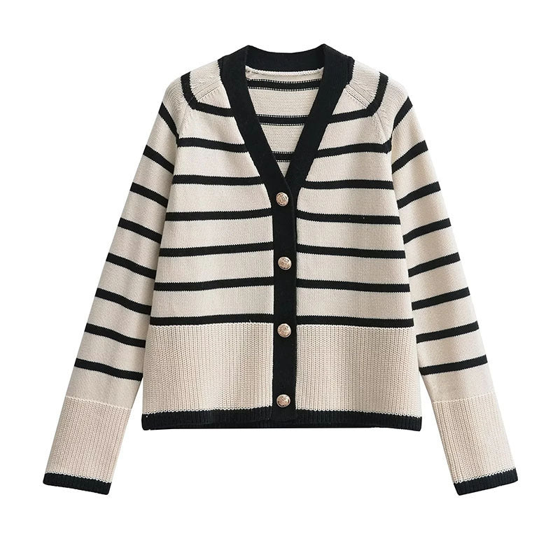 V-neck Loose And Idle Contrast Color Striped Knitted Coat
