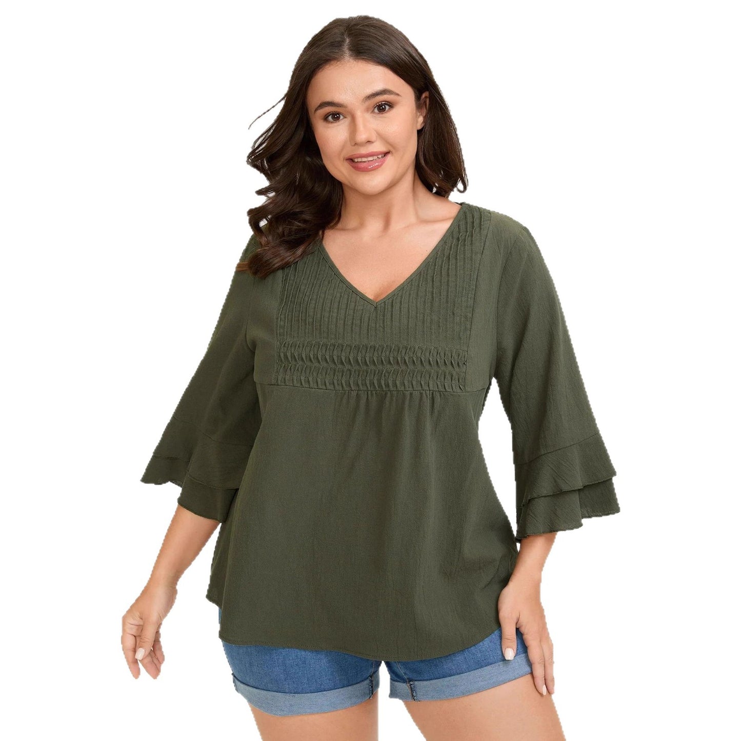 Loose Solid Color Ruffled V-neck Three-quarter Sleeve Top