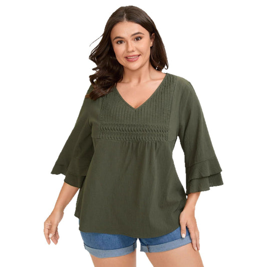 Loose Solid Color Ruffled V-neck Three-quarter Sleeve Top
