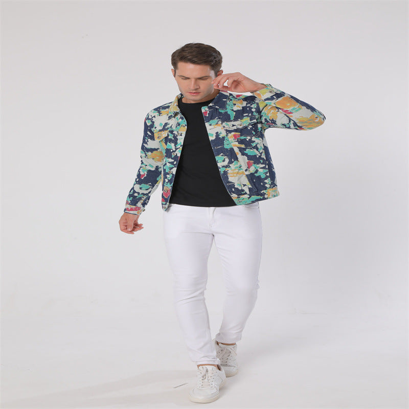 Lapel Denim Camouflage Hand-painted Floral Cloth Long Sleeve Non-elastic Denim Coat Jacket
