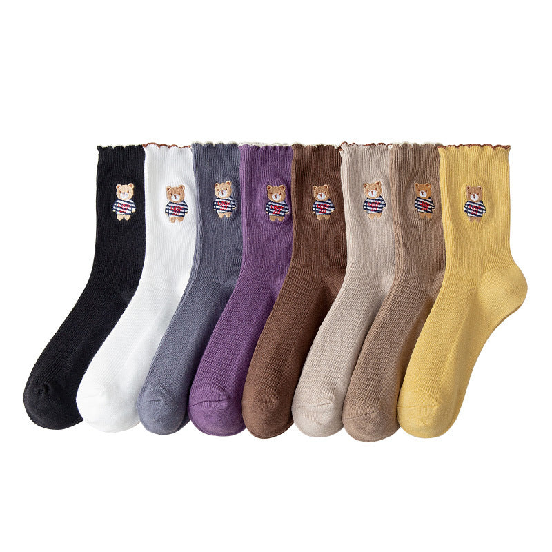 Women's Bear Embroidered Fungus Lace Mid Tube Socks
