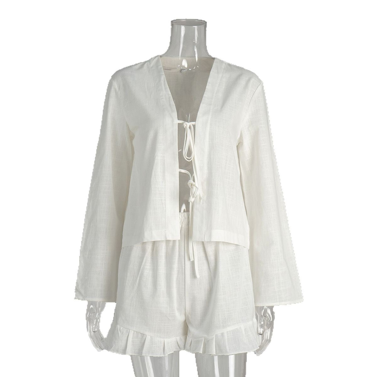 Womens Cotton Lace-Up Cardigan And Shorts Set
