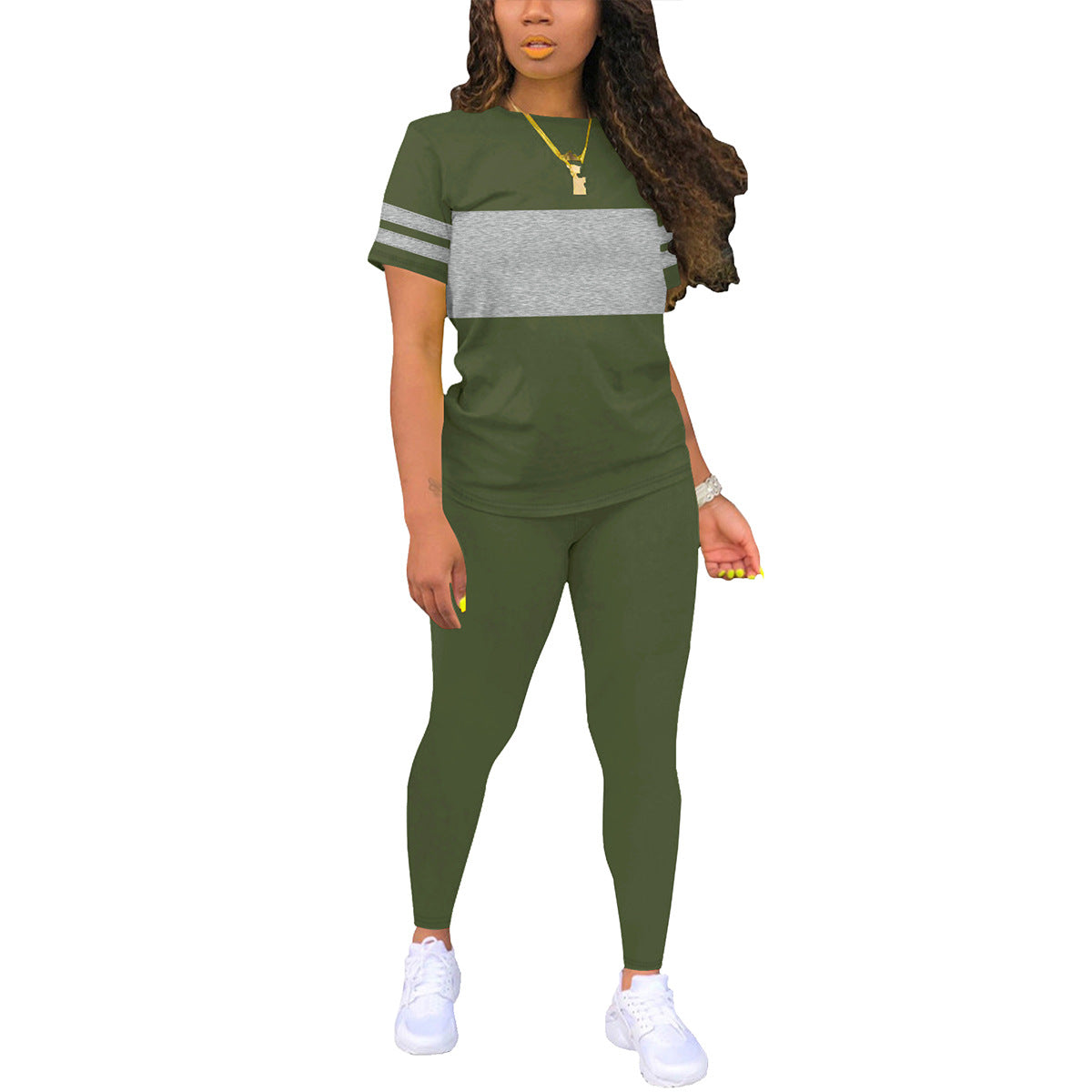 New Stylish Crew-Neck Short-Sleeve Color-Block Top And Pants Set Womens Two-Piece Outfit