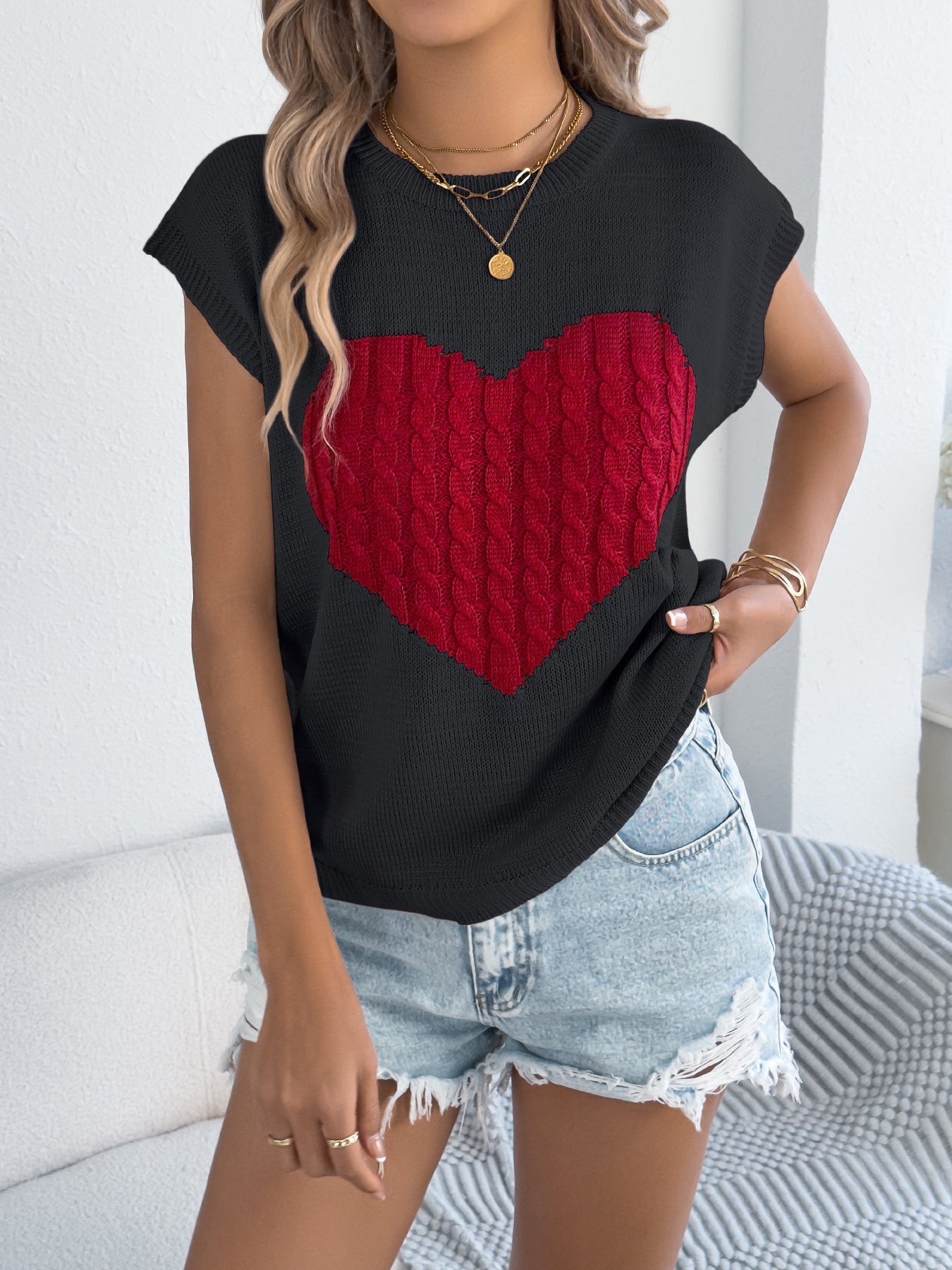 Women's Color-blocked Love Casual Loose Knit Sweater Top