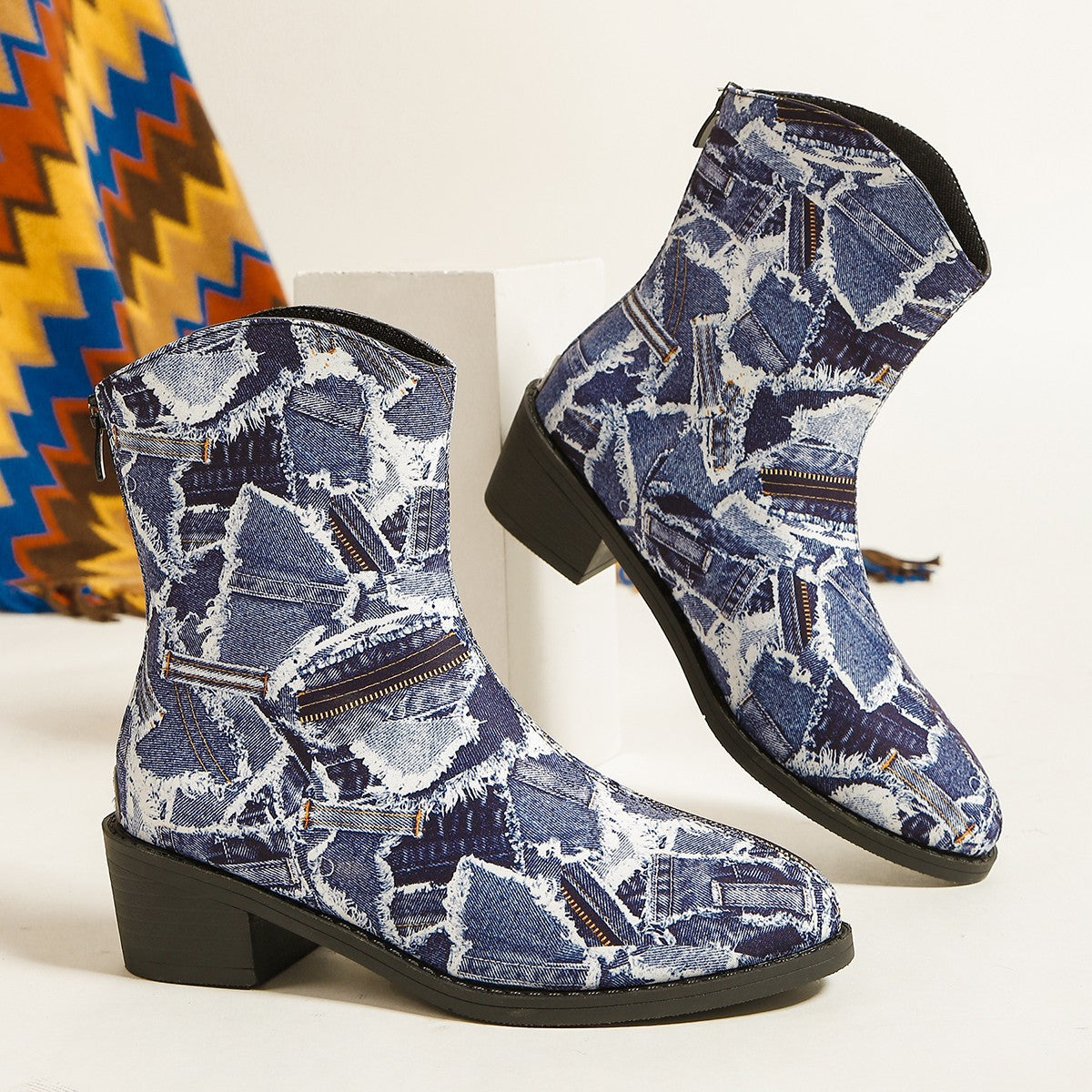 Patchwork Denim Boots Fashion Autumn And Winter Outerwear Round Toe Square Heel Shoes With Back Zipper Casual Cowboy Boots