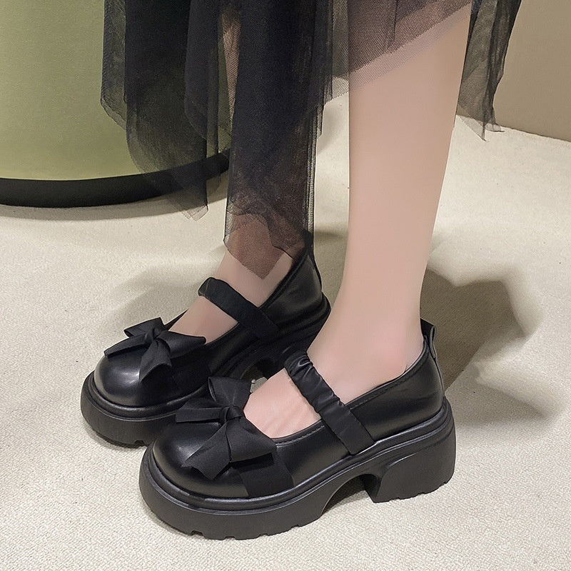 Small Leather Shoes Women's High Heel With Skirt Bow French Chunky Heel Pumps