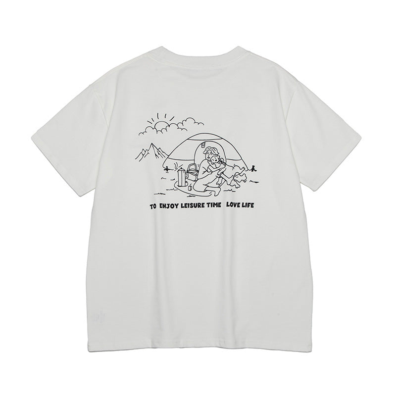 Summer Pure Cotton Camping Printing Oversize College Style Couple Wear Short Sleeve