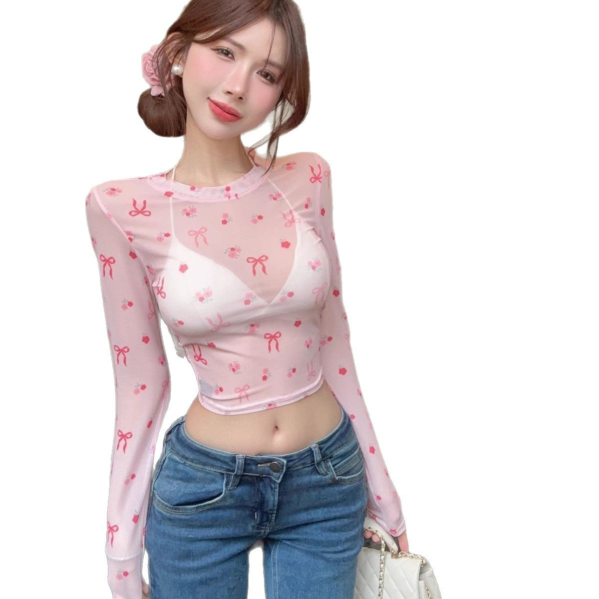 Sweet Cool Girl Dopamine Print Long Sleeve Mesh Top