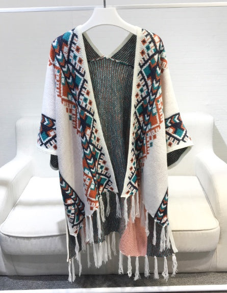 Harajuku style vintage goddess tassel knit long shawl cloak coat