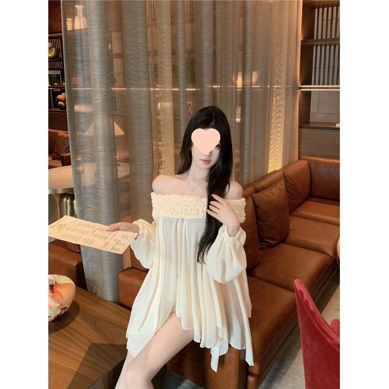 Off-shoulder Langærmet Chiffonskjorte Løs Mellemlang Tynd Top