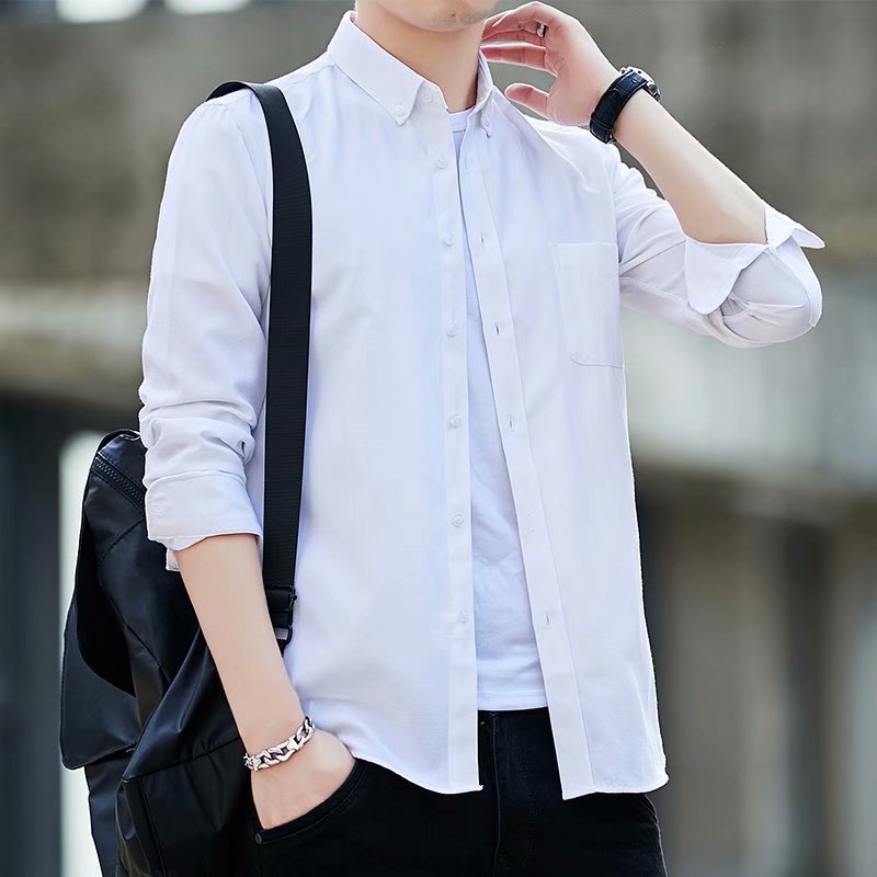 Oxford-cloth Casual Slim-fit Solid-color Shirt For Men