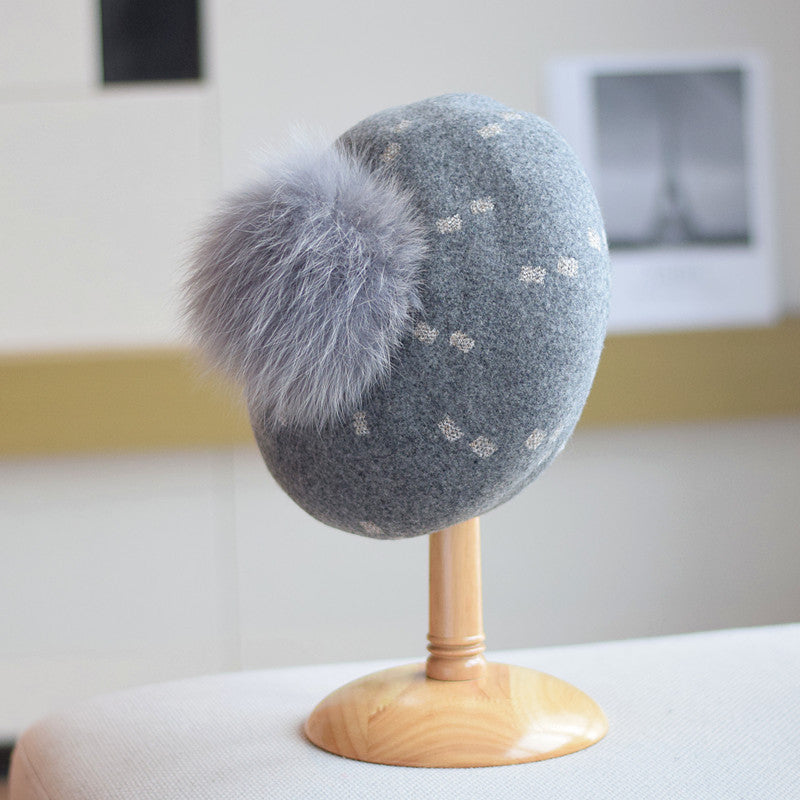 Elegant Woolen Gilding Beret Women's Korean Style Fox Fur Ball Vintage Painter Hat