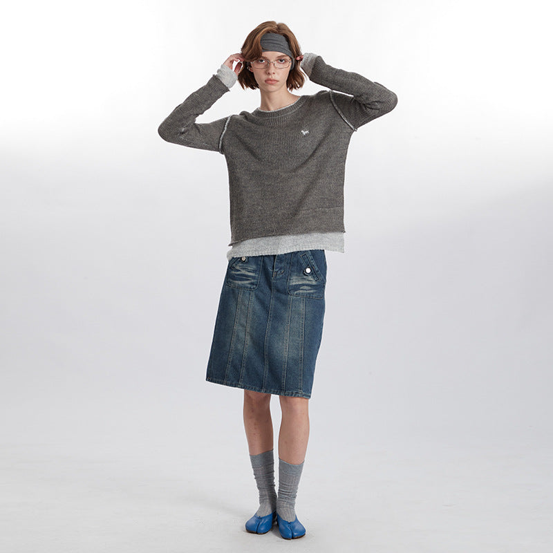 Pullover New Round Neck Stitching Design Knitted Sweater Long Sleeve