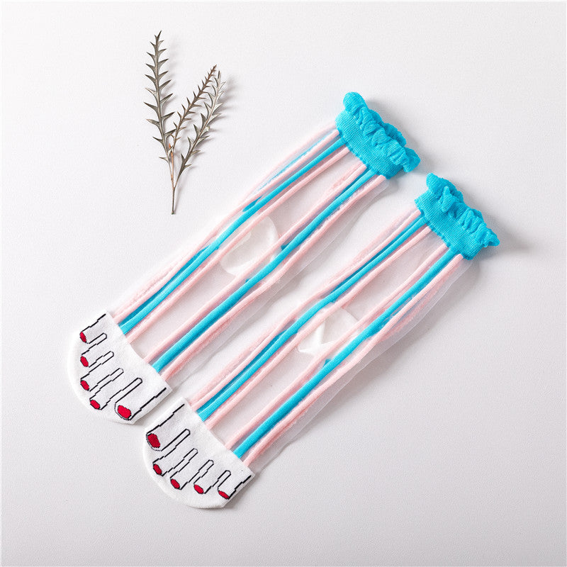 Women's tube socks false toe glass stockings