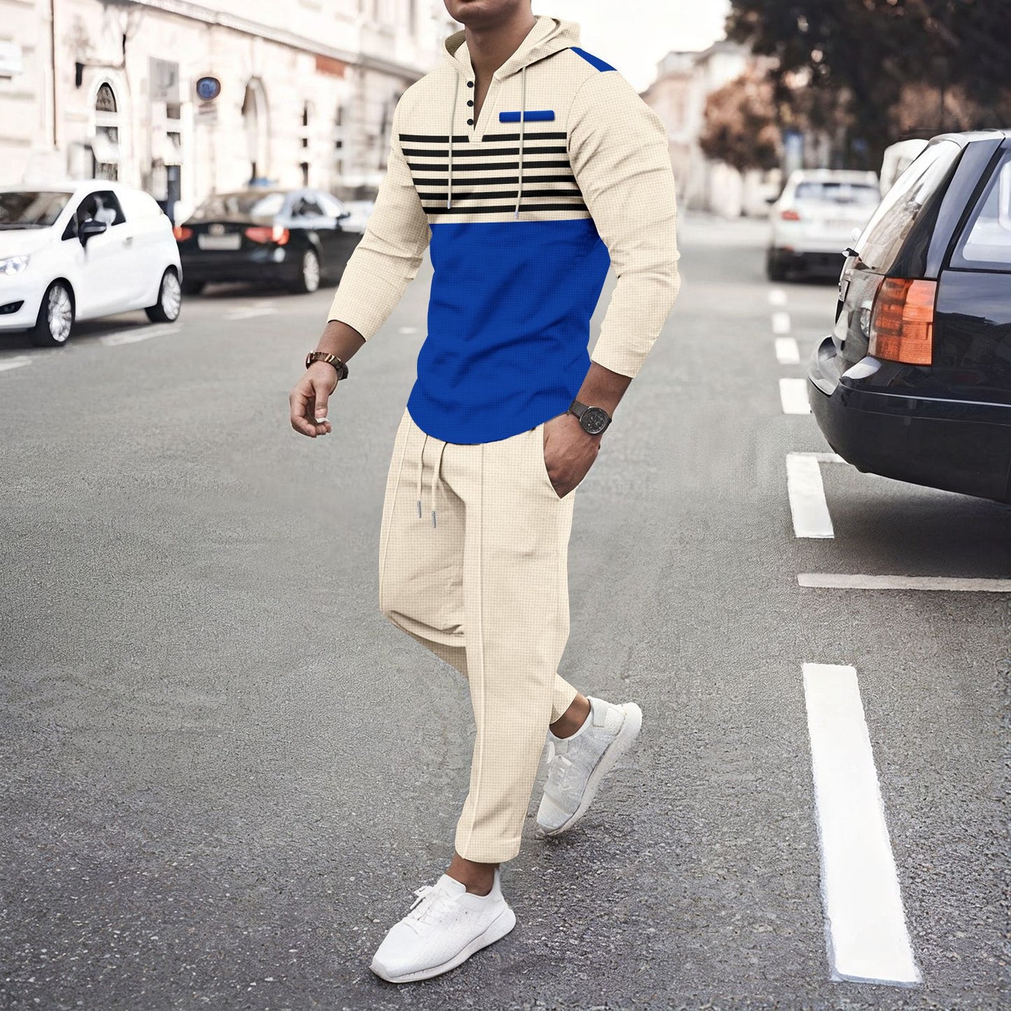 European And American Striped Long-sleeve Hoodie And Pants Set