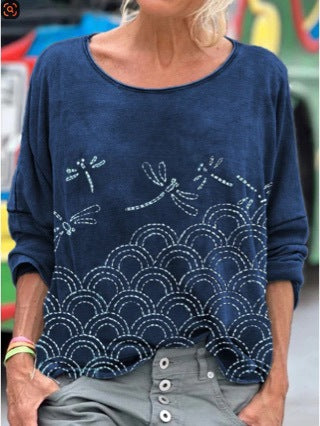 Women's Digital-Print Long-Sleeve Pullover Round-Neck T-Shirt