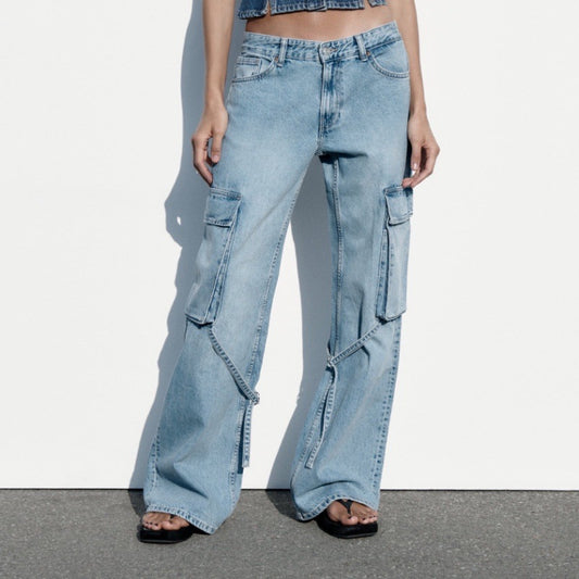 Women's Fashion Loose Strap Accessories Mid Waist Cargo Jeans