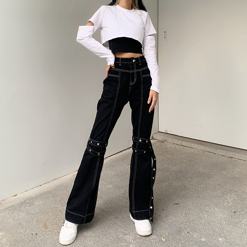 Lace-Up, High-Waisted, Thin, Casual Denim Pants