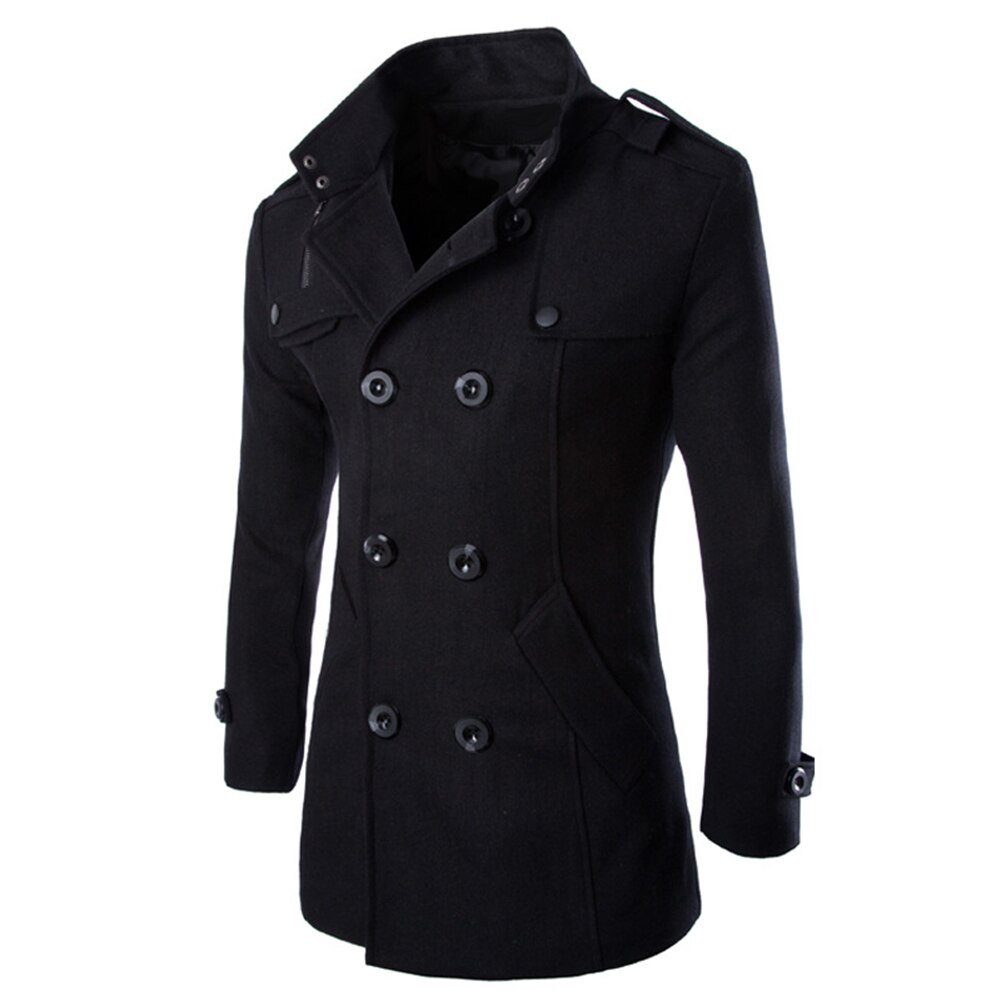Trenchcoat i uld til mænd med stående krave og lange ærmer