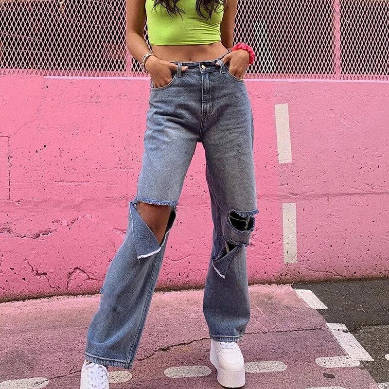 New style ripped high-rise wide-leg jeans