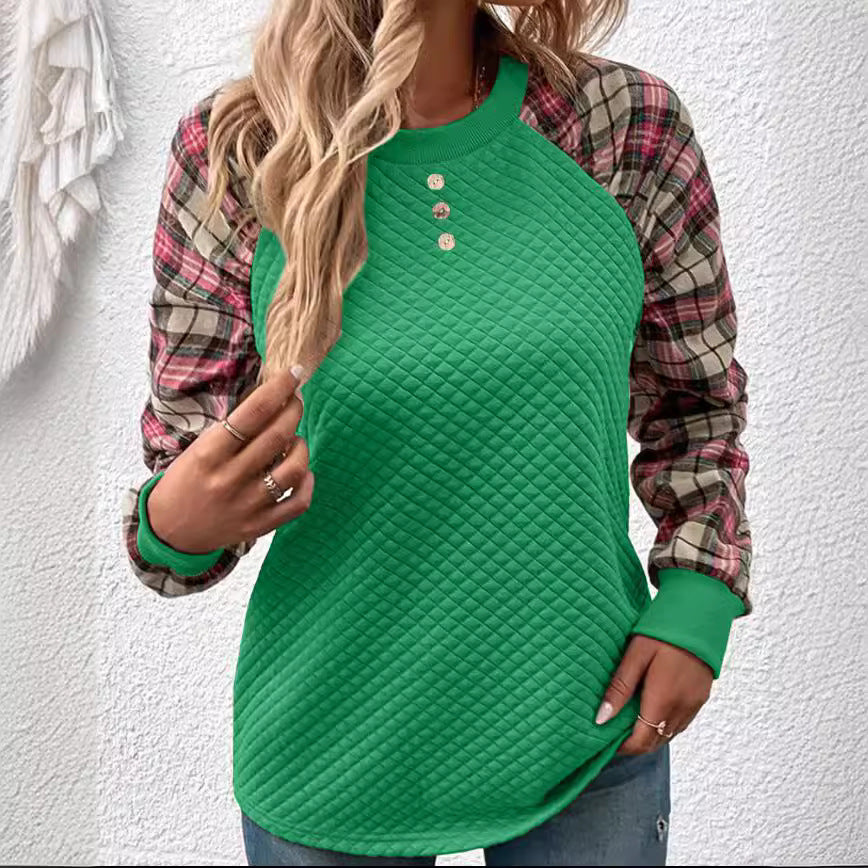 Diamond Plaid Stitching Long Sleeve Crew Neck Sweater