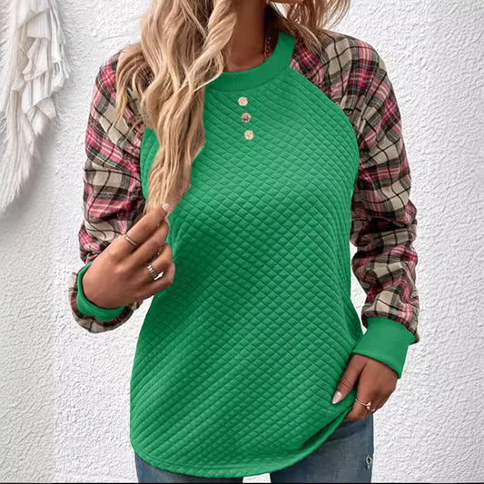 Diamond Plaid Stitching Long Sleeve Crew Neck Sweater