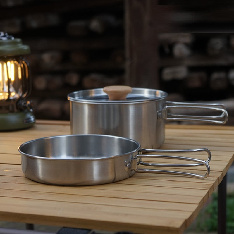 Outdoor Mountaineering 304 Stainless Steel Folding Handle Pot Camping Portable Frying Pan Soup Pot