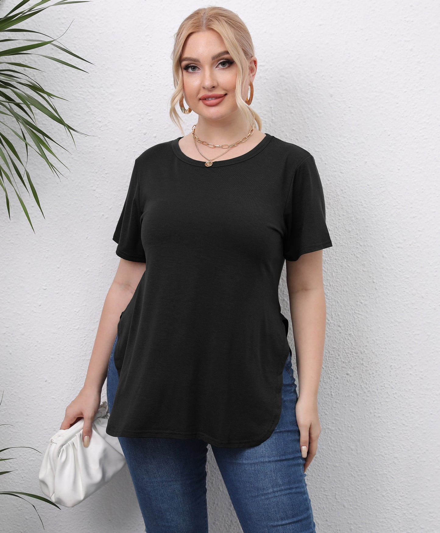 Casual Simple Top Round Neck Split Short-sleeved T-shirt