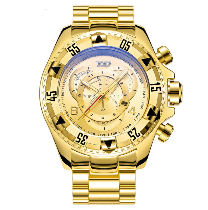 Explosion models watch men's fake three-eye luminous large dial steel belt sports men's watch