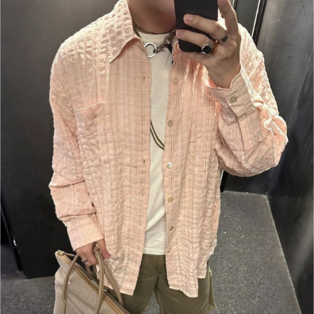 Pleated Seersucker Shirt Casual Loose Outline Plaid Long Sleeve